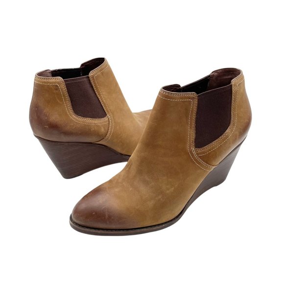 Cole Haan Shoes - Cole Haan Balthasar Brown Leather Wedge Stacked Heel Ankle Boot Women's Size 11B